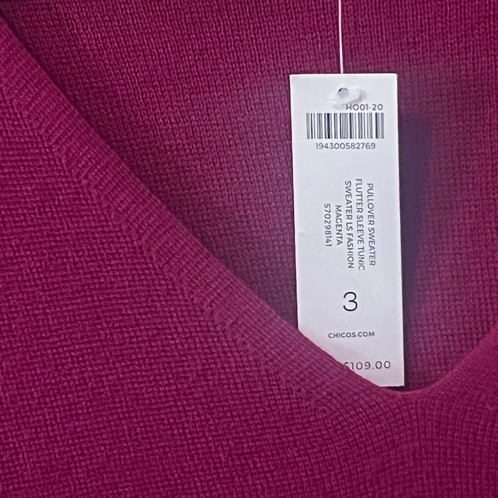 NWT. Chico's Fuchsia V-Neck Pullover Sweater. Chico's Size 3. Size 16 XL - Picture 3 of 8